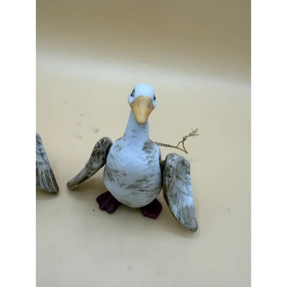 Vintage Goose Christmas Ornaments Pair Porcelain Ceramic Winged Birds Repair